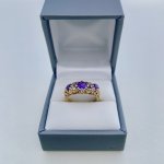 9ct. Gold 3-Stone Amethyst &amp; Diamond Ring. 