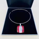 Handmade Silver &amp; Red Square Pendant on Omega Collarette necklace. NEW IN STOCK.