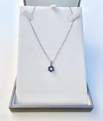 18ct. White Gold Sapphire &amp; Diamond Floral Design Pendant. NEW STOCK.