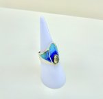 Handcrafted Silver Turquoise &amp; Indigo Blue Enamel Ring with Moonstone Halo. NEW STOCK.