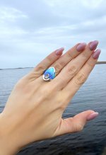 Handcrafted Silver Turquoise &amp; Indigo Blue Enamel Ring with Moonstone Halo. NEW STOCK.