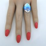 Handcrafted Silver Turquoise &amp; Indigo Blue Enamel Ring with Moonstone Halo. NEW STOCK.