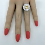 Silver Statement Ring / Large Yellow Gemstone Framed by Double Halo CZ's. NEW STOCK.